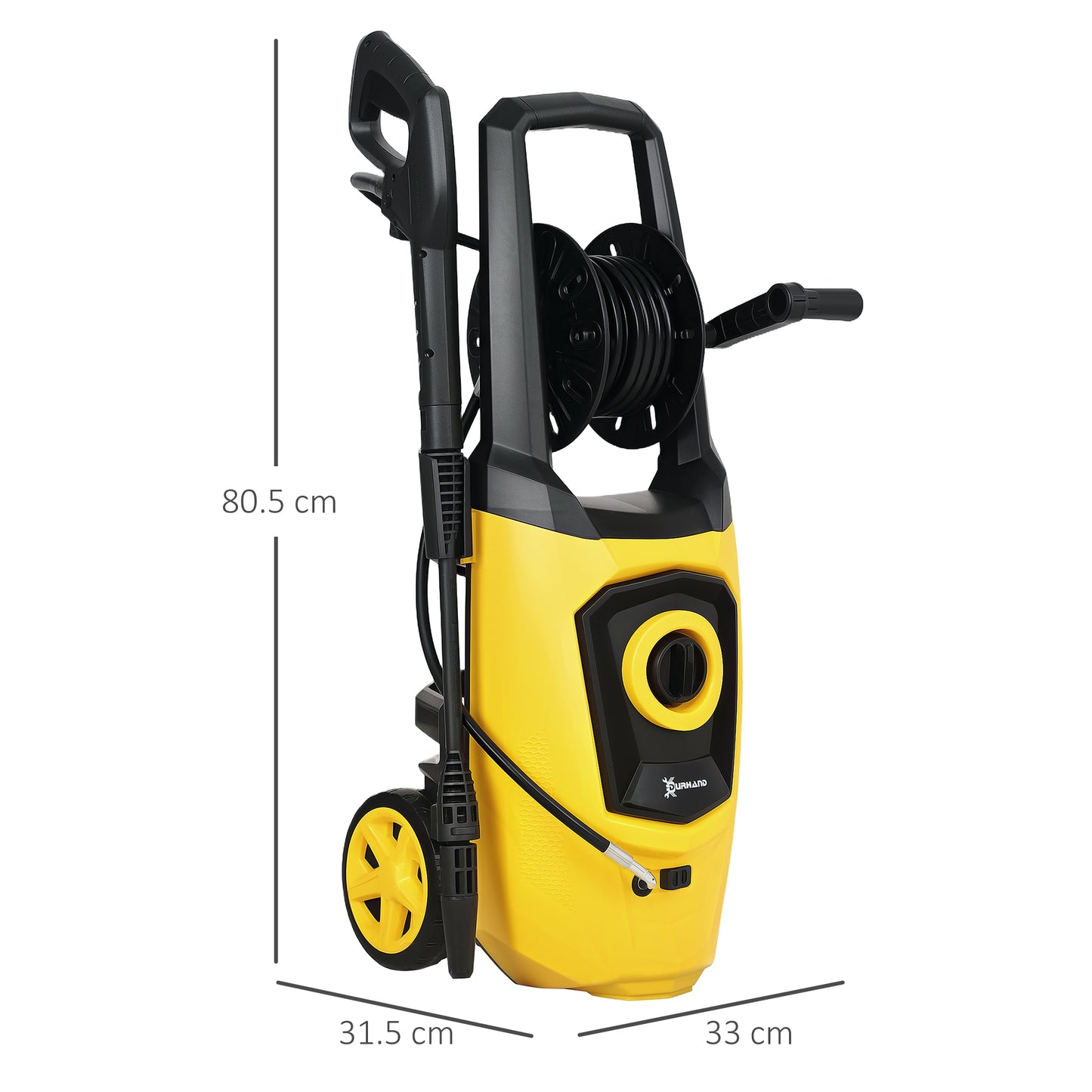 DURHAND 1800W High Pressure Washer, 150 Bar, 510 L/h Flow, Portable Jet Wash with 6M Hose & Reel, Yellow