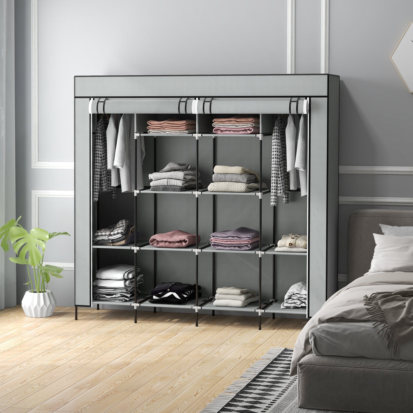 HOMCOM Fabric Wardrobe, Portable with 10 Compartments, 2 Hanging Rails & 4 Fabric Drawers, 166x42.5x169.5cm, Dark Grey