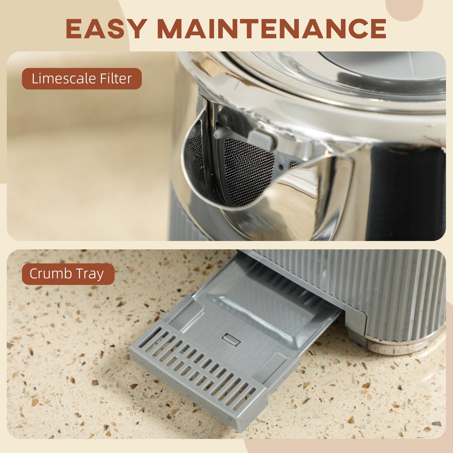 HOMCOM Electric Kettle and Toaster Set, 3000W 1.7L Rapid Boil Kettle with Limescale Filter, 4 Slice Toaster, 7 Browning Controls, Tan