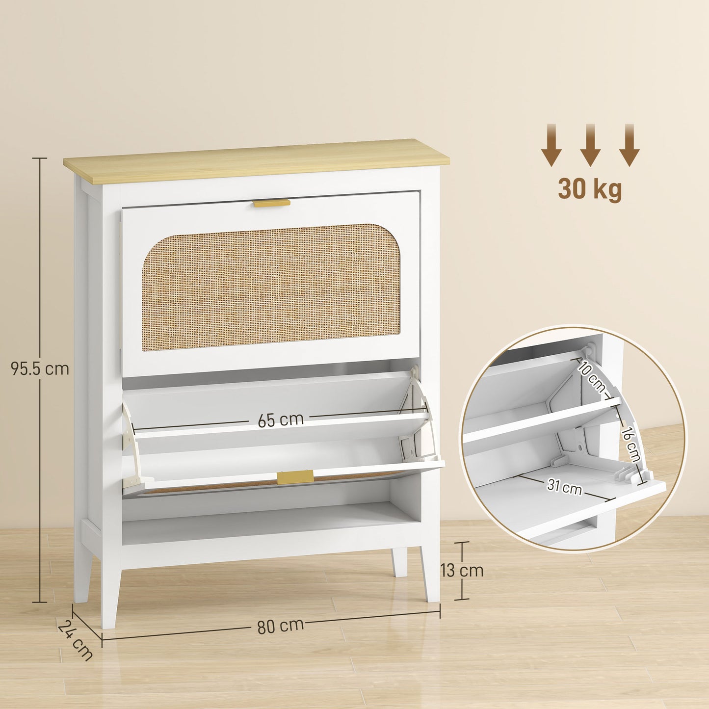 HOMCOM Shoe cabinet 14 pairs boho with 2 flip-down drawers, rattan cane-effect doors, 80 x 24 x 95.5 cm, White