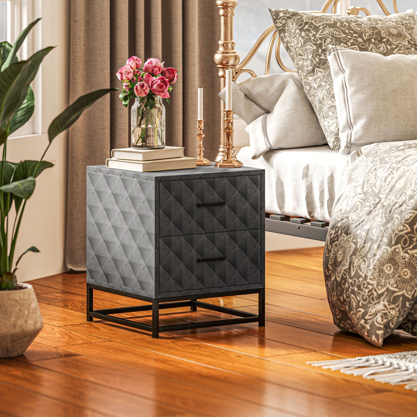 HOMCOM Bedside Tables Set of 2 with 2 Drawers, Modern Nightstand Cabinet, Steel Legs for Bedroom/Living Room, Grey