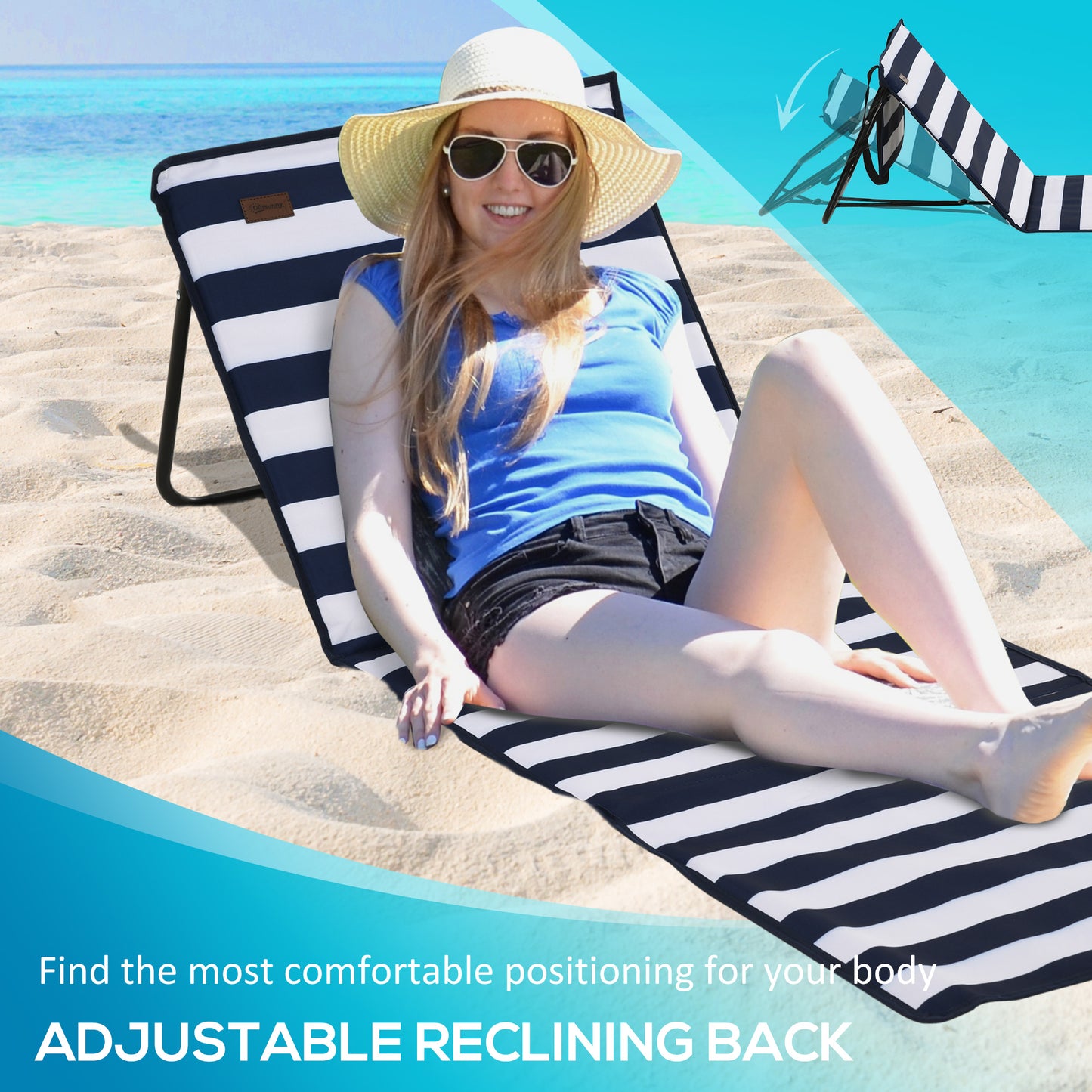 Outsunny Set of 2 Foldable Garden Beach Chair Mat, Outdoor Sun Lounger Seats Adjustable Back, Magazine Pocket, Carry Bag