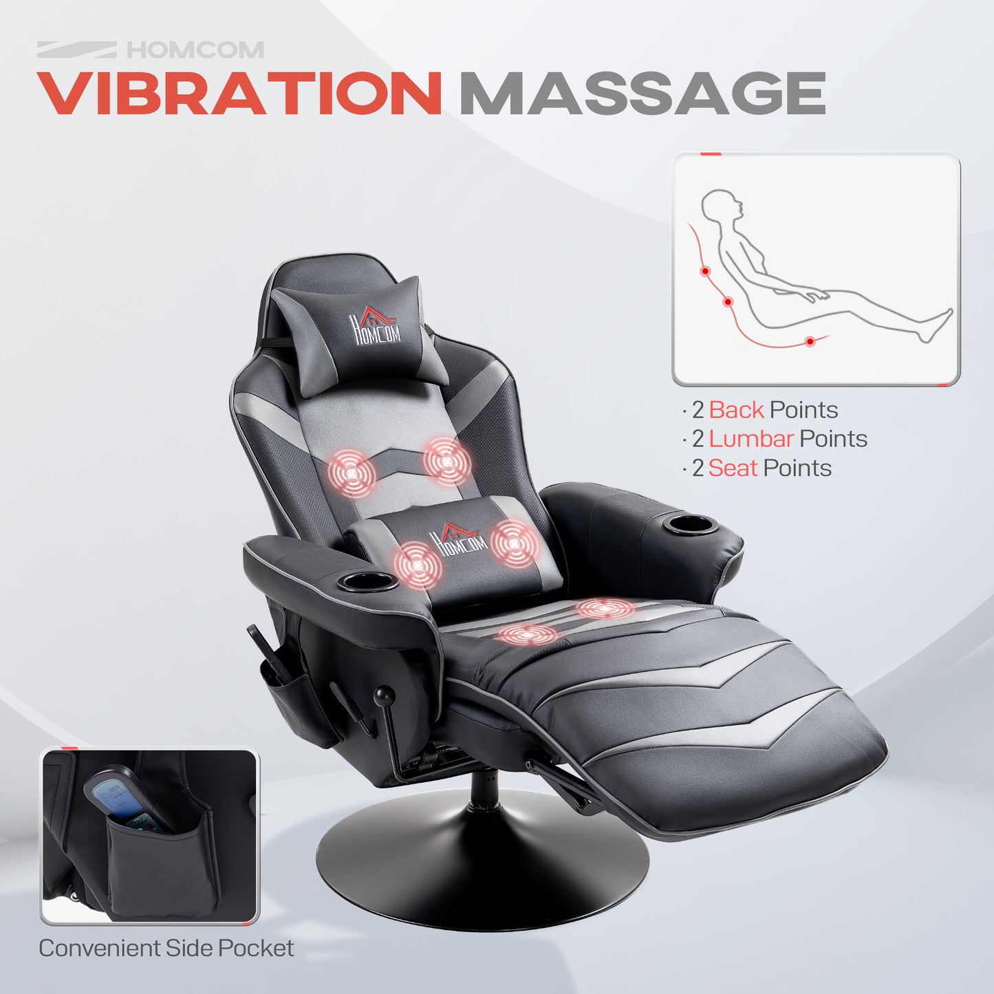 HOMCOM Massage Recliner Chair with Remote, PU Leather Armchair with Cup Holders, Side Pockets, Headrest, 360° Swivel, Lumbar Support, Grey