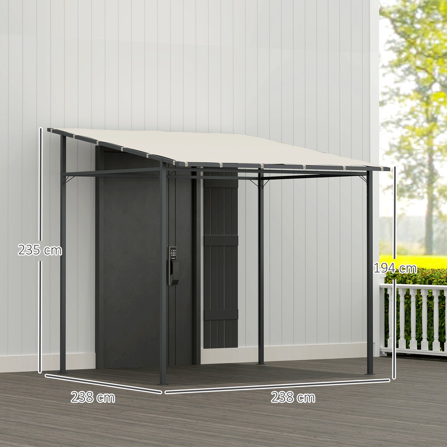 Outsunny Wall Mounted Pergola Gazebo, 2.4 x 2.4 m, Metal Frame, UPF30+ Sun Shade Shelter for Garden/Deck, Cream White