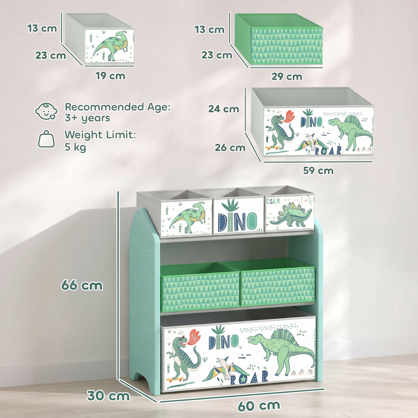 AIYAPLAY Toy Storage Organiser, 3-Tier Wooden Kids Toy Storage Rack with 6 Fabric Storage Bins for Bedroom, Kids Room, Green