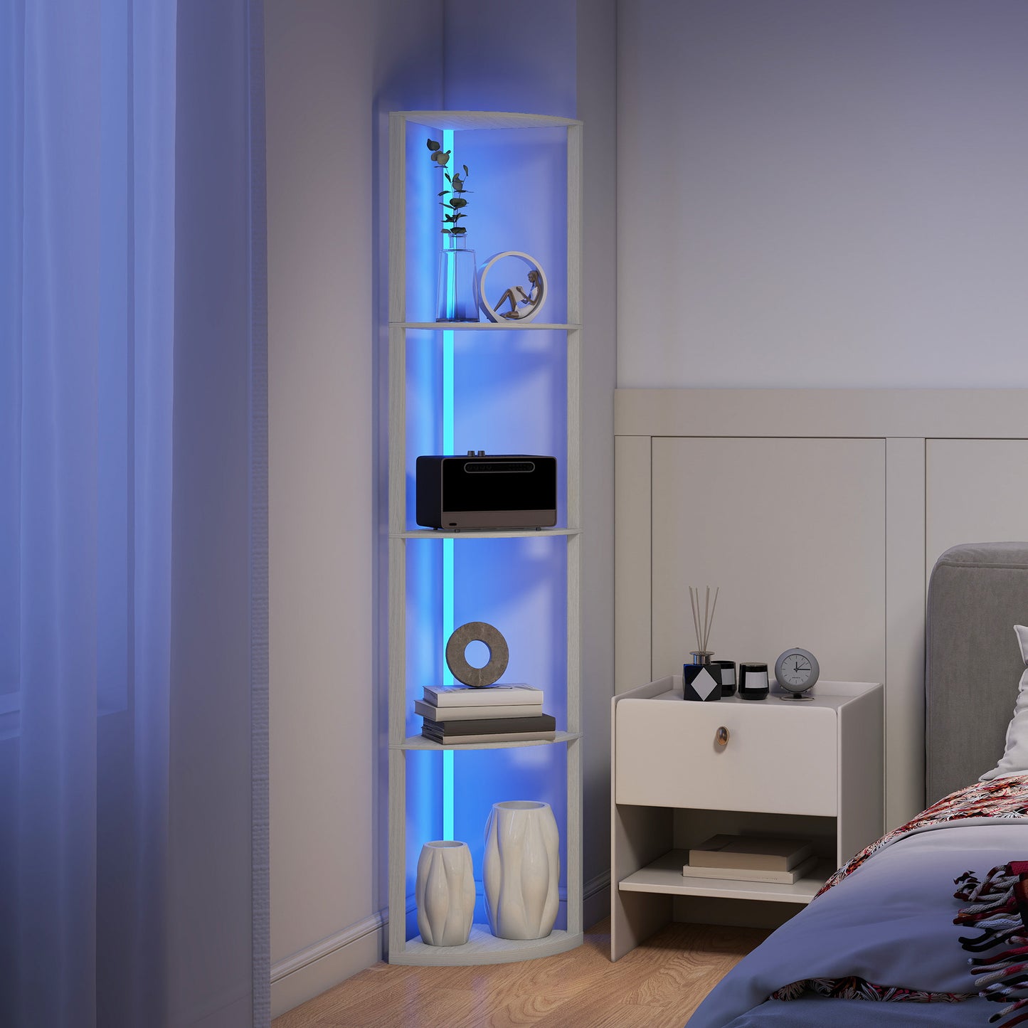 HOMCOM Oak RGB LED Floor Lamp with 5 Shelves, Dimmable, Remote Control, Modern Display Shelf for Living Room/Bedroom/Office