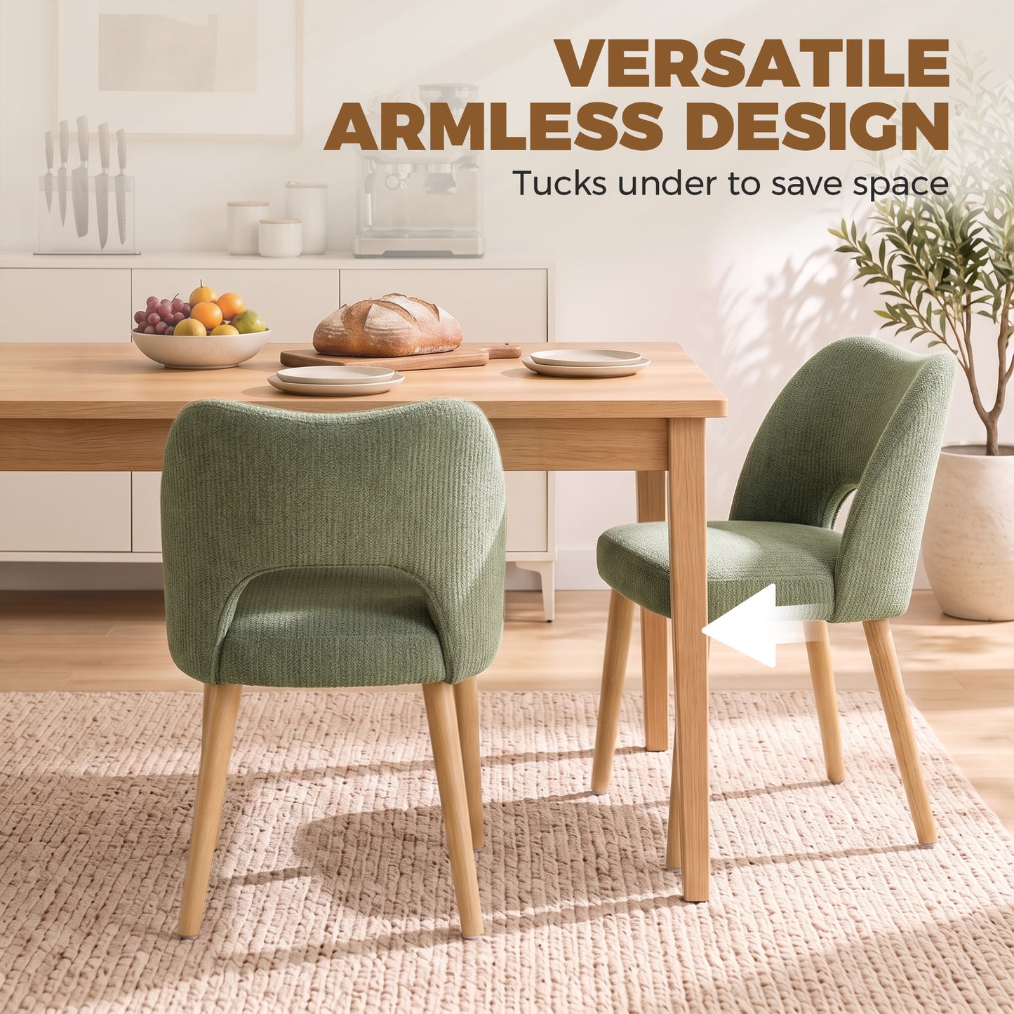 HOMCOM Dining Chairs Set Upholstered Kitchen Chenille Tool Free Assembly Rubberwood Legs, Green