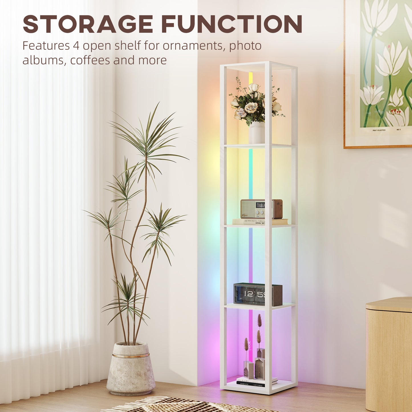HOMCOM Floor Lamp with Shelves, RGB LED, Modern Dimmable with Remote Control, Adjustable Brightness & Speed for Living Room, Bedroom, Office, White