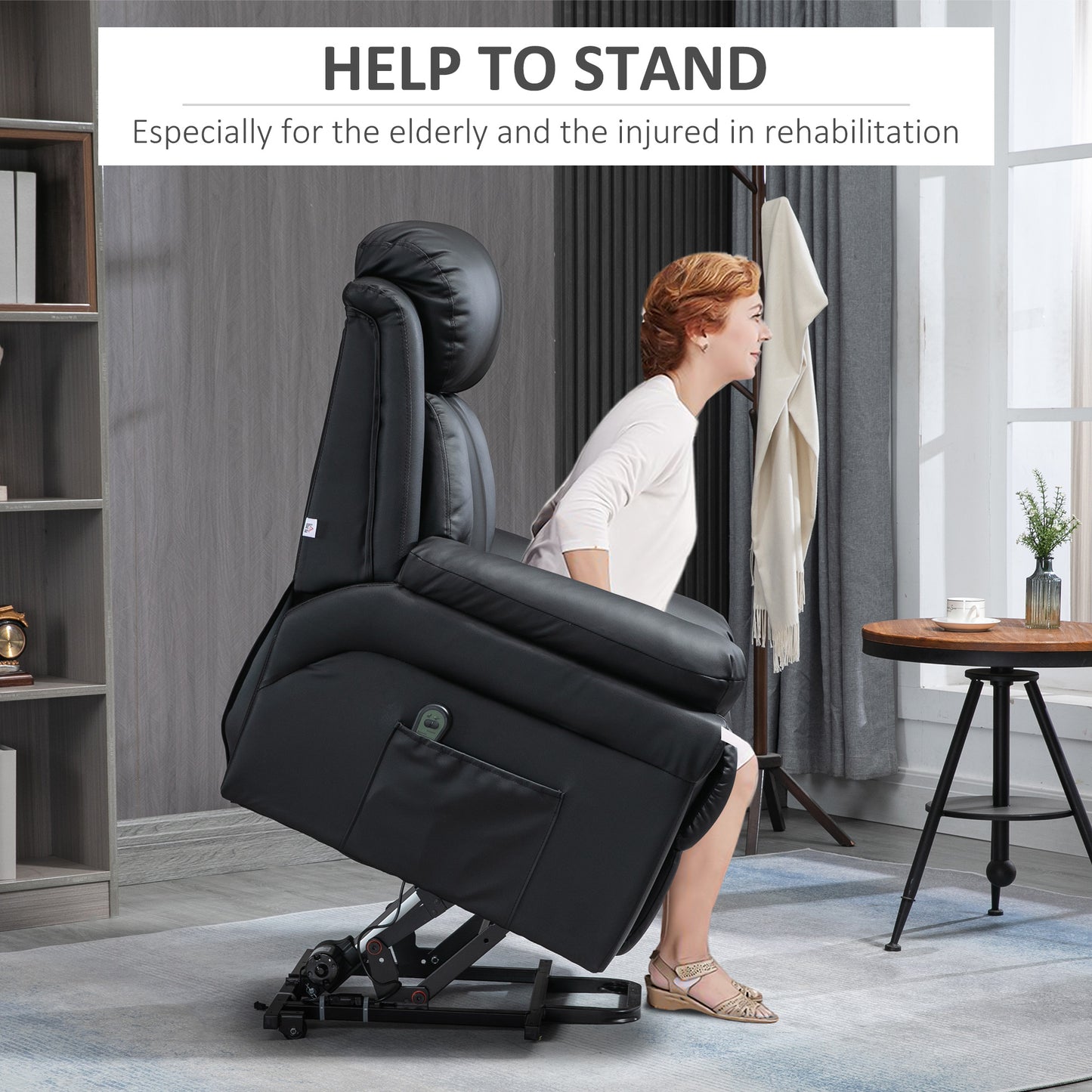 HOMCOM Power Lift Chair Recliner for Elderly, Electric Faux Leather Armchair with Remote Control and Side Pockets, Black