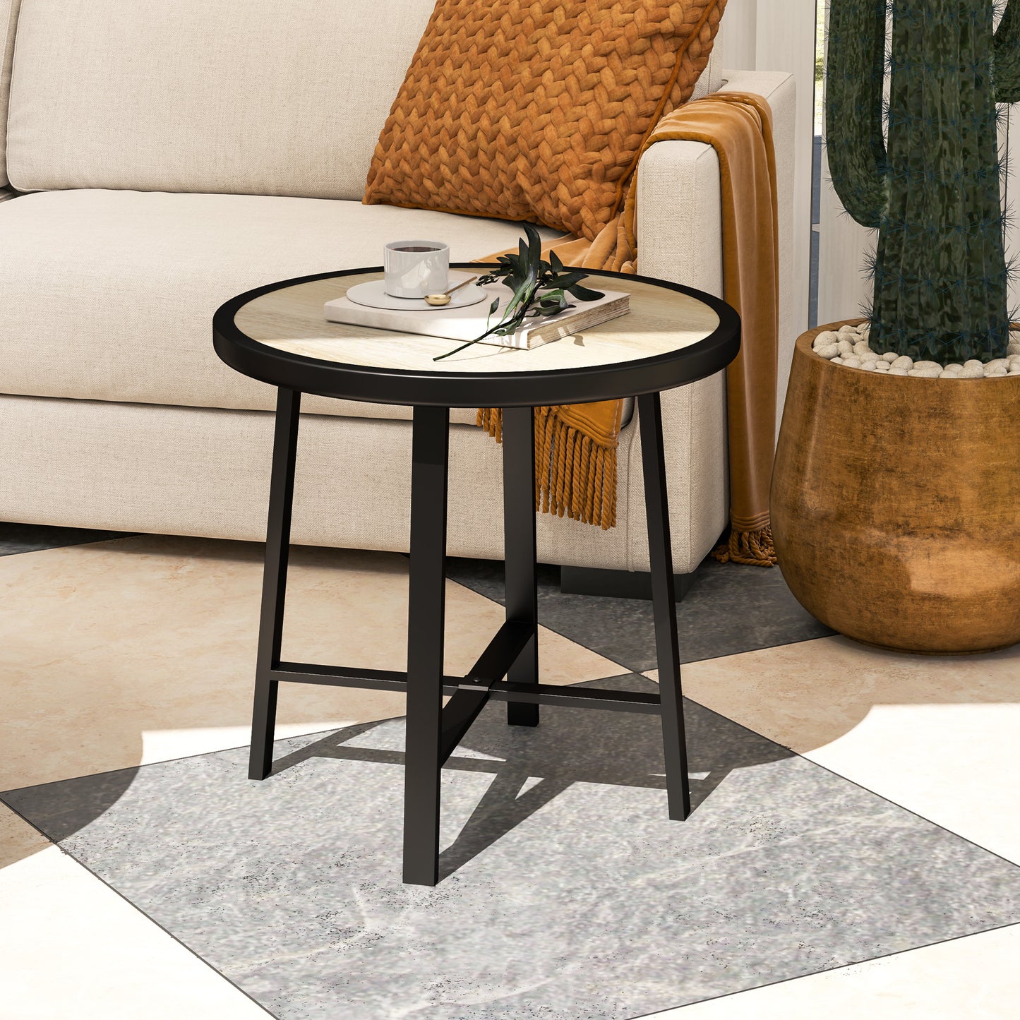 Outsunny Round Small Garden Table, 50.5cm Outdoor Side Table with SPC Tabletop, Metal Frame, Anti-slip Feet for Garden, Balcony, Wood Finish