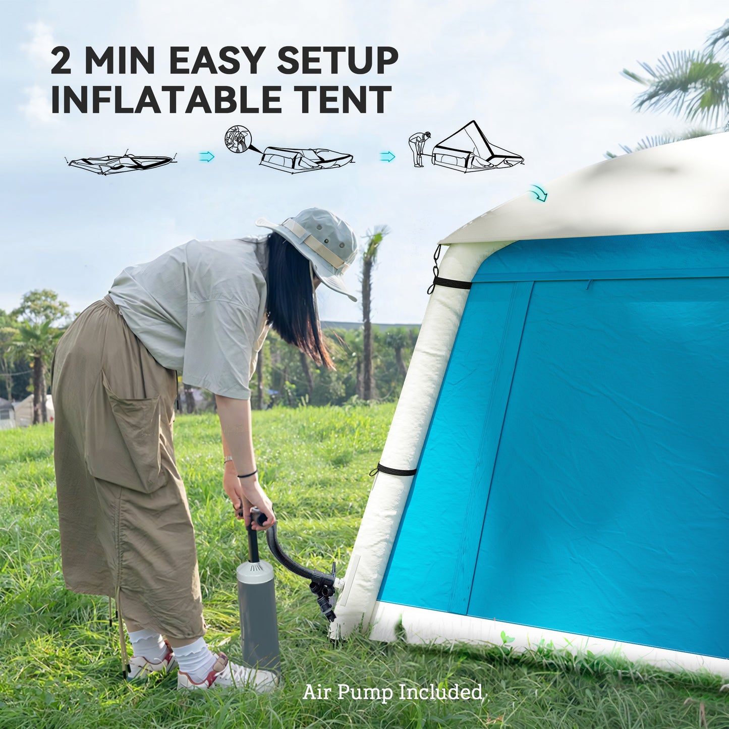 Outsunny Inflatable Camping Tent with Hand Pump, Easy Setup for 1/2 Person, Waterproof and Windproof with Carry Bag, Light Blue/Grey