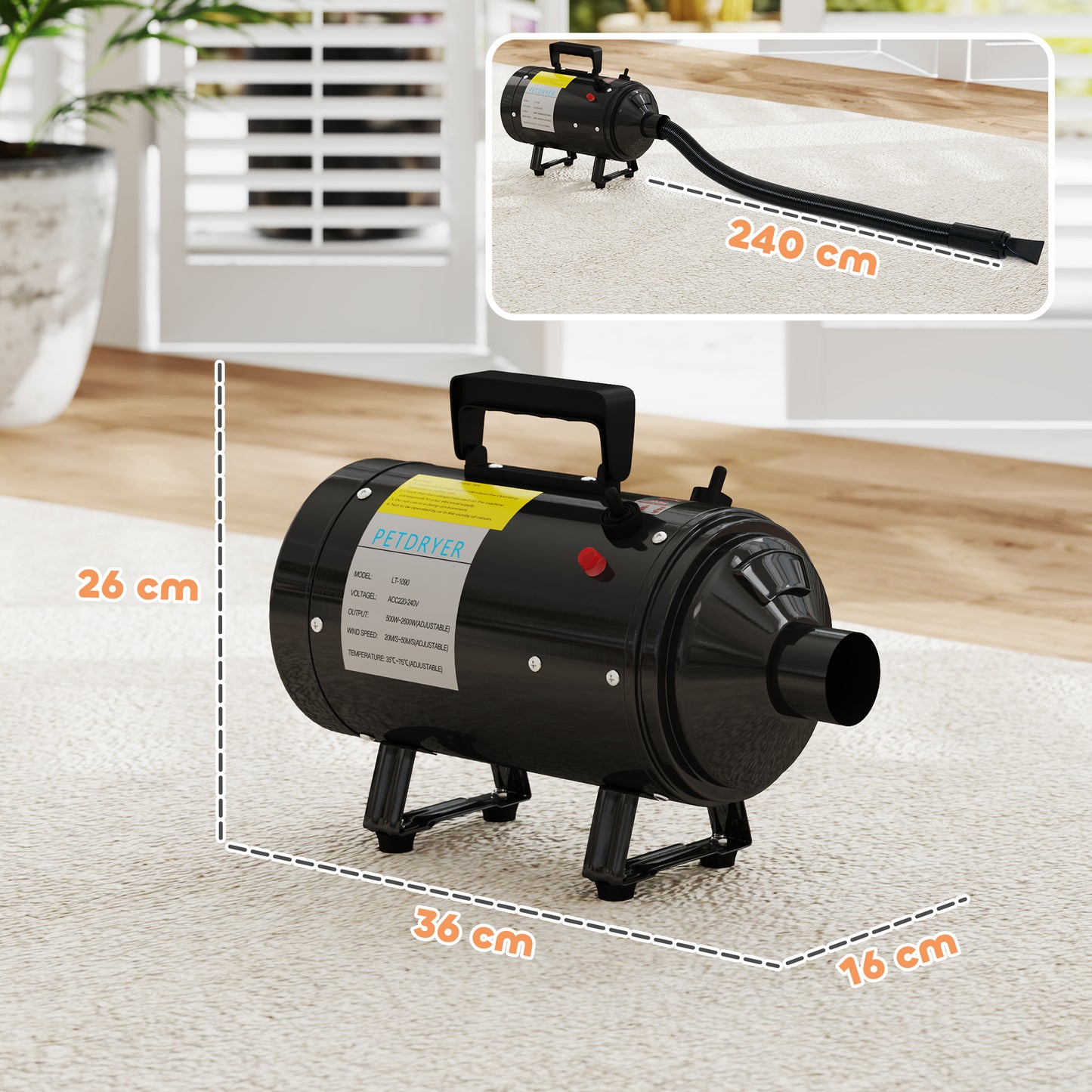 PawHut 2200W Dog Hair Dryer with Adjustable Temperature & Velocity, 3 Different Nozzles, Black