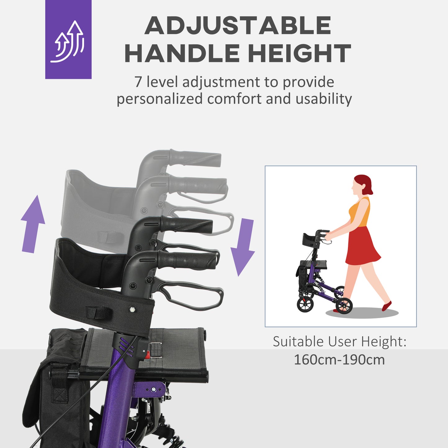 HOMCOM Rollator Walker with Seat, Suspension, Adjustable Handle, 4 Wheels, Purple