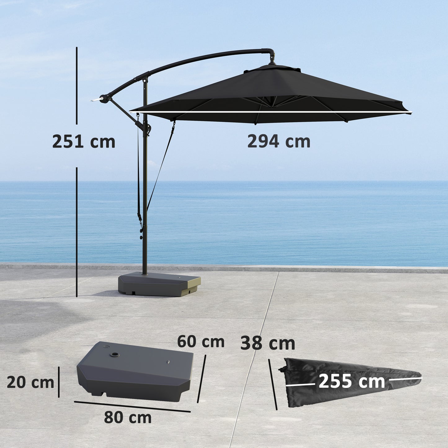Outsunny Garden Cantilever Parasol with Fillable Base, Wind Strap, Cover, Crank Handle, Tilt, UPF50+ Sun Shade, Grey