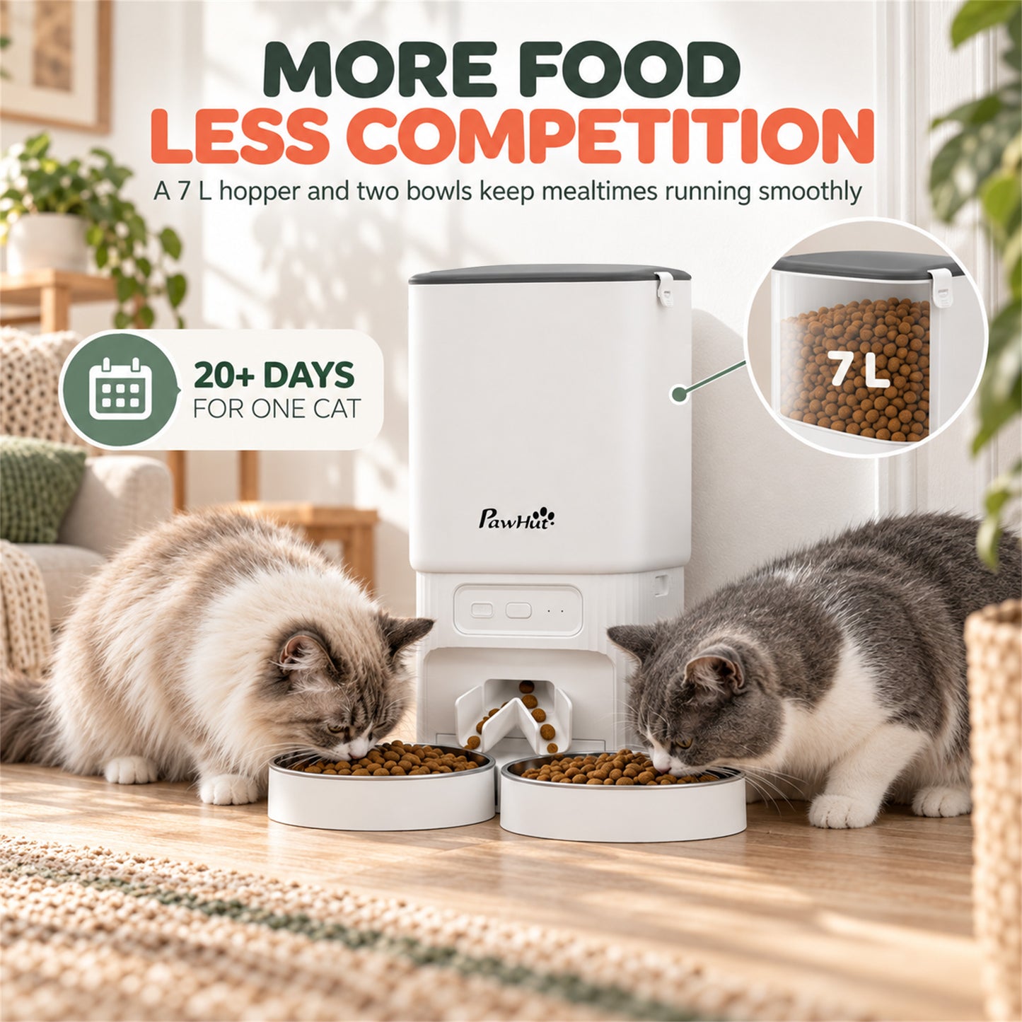 PawHut 7L Automatic Cat Feeder with App Control, 2.4G/5G WiFi, Timer, 15 Meals/Day, Dual Power, 10s Voice Recording, Anti-Clog