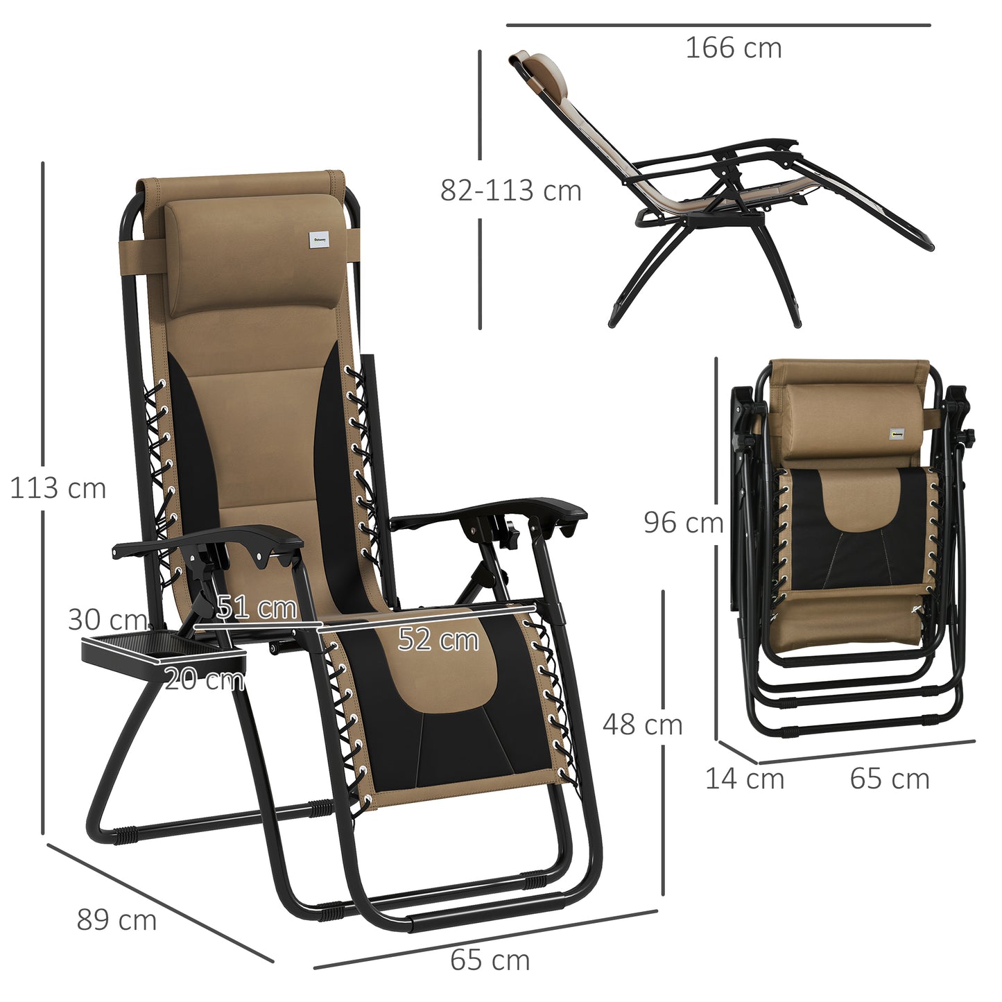 Outsunny Foldable Reclining Garden Chair Set of 2, Zero Gravity, Padded Seat, Cup Holder, Pillow, Coffee