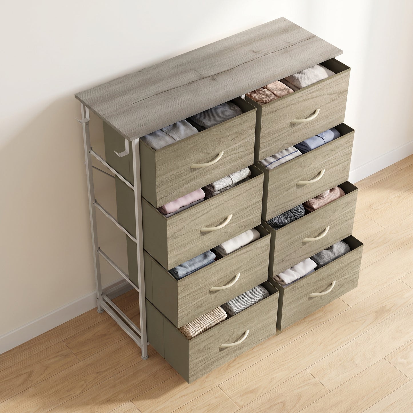 HOMCOM Chest of Drawers, Dresser for Bedroom with 8 Fabric Drawers, Tall Storage Unit w/ Side Storage Bag, Natural Wood Finish