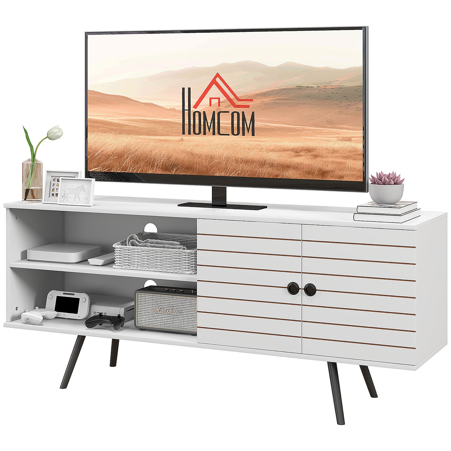 HOMCOM Duo Storage TV Unit, with Striped Door Large White