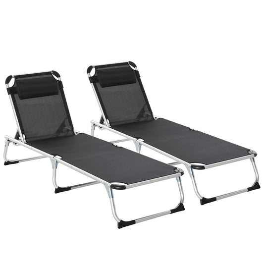 Outsunny Foldable Outdoor Sun Loungers Set of 2, Reclining Lounge Chair Camping Bed Cot with Pillow 4-Level Adjustable Back Aluminium Frame, Black