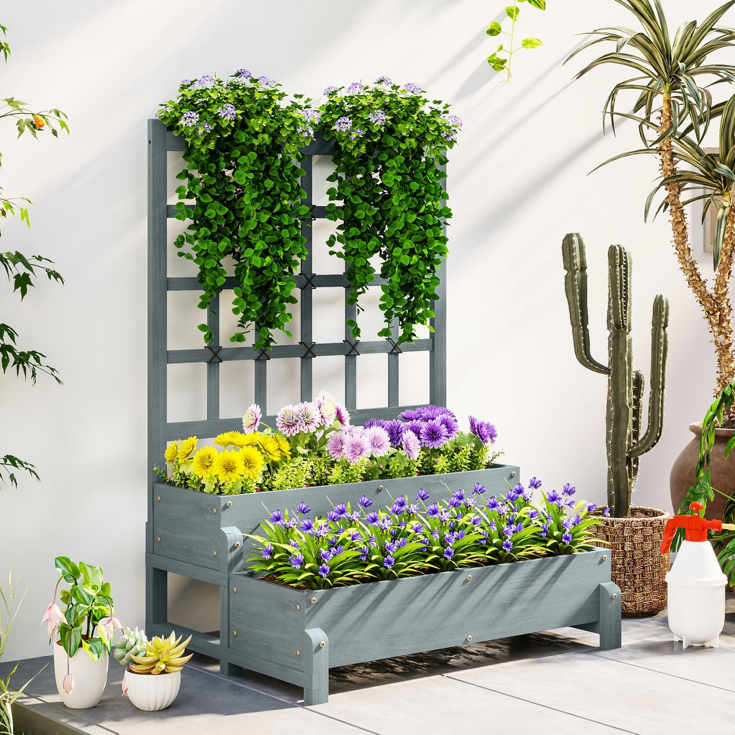 Outsunny Raised Garden Bed with Trellis, Wooden Elevated Planter Box, Drainage Holes, for Plants, Fruits, Vegetables, Flowers, Grey