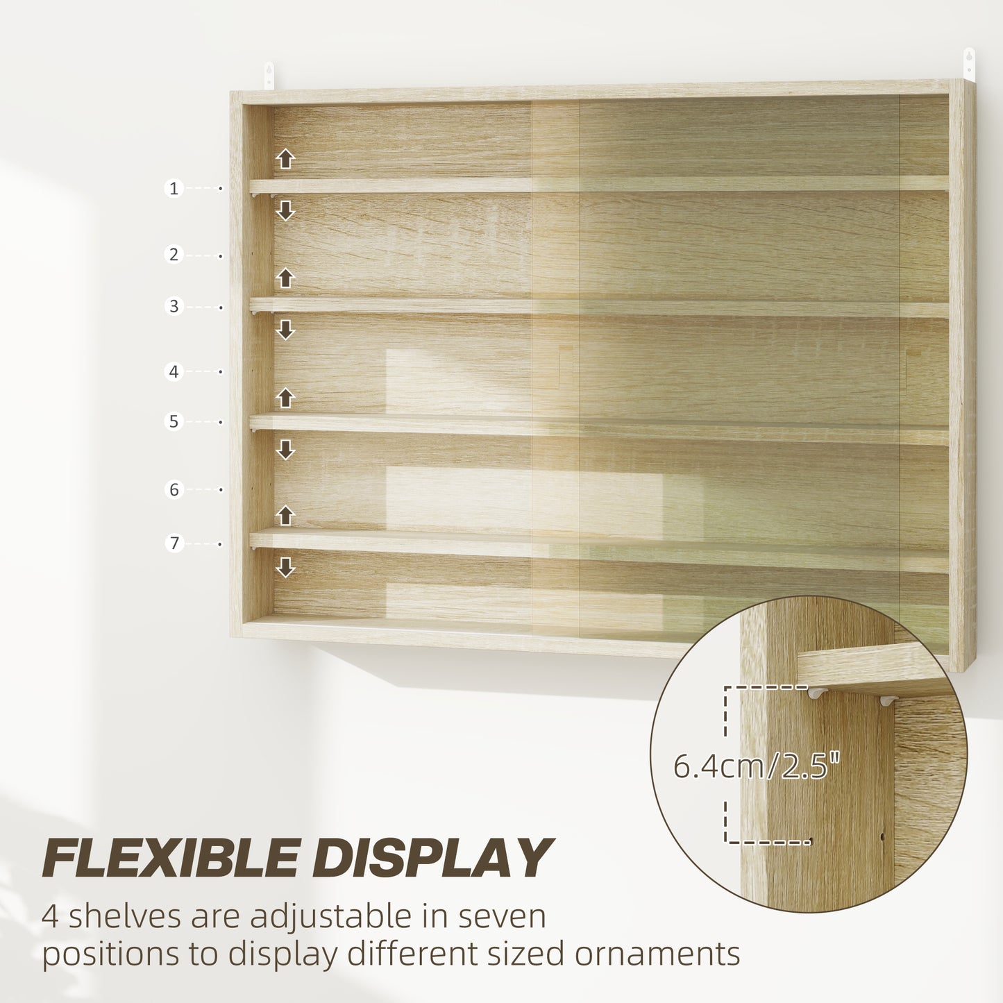 HOMCOM 5-Tier Wall Display Shelf Unit Cabinet w/ 4 Adjustable Shelves Glass Doors Home Office Ornaments 60x80cm Oak