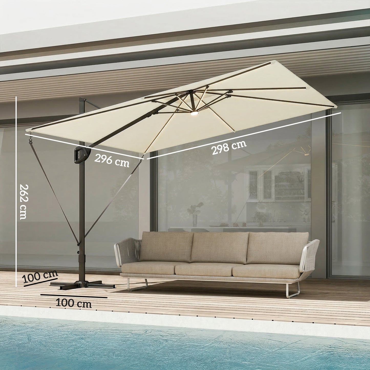 Outsunny 3 x 3 m Garden Cantilever Parasol w/ Light, Cover, UPF50+ Patio Umbrella w/ Wind Protection, 360° Rotation, Cream White