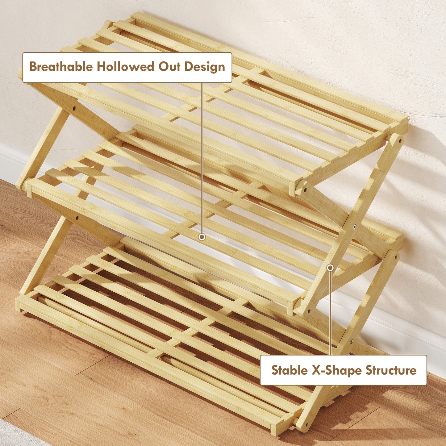 HOMCOM 3-Tier Bamboo Shoe Rack, No Assembly - Natural
