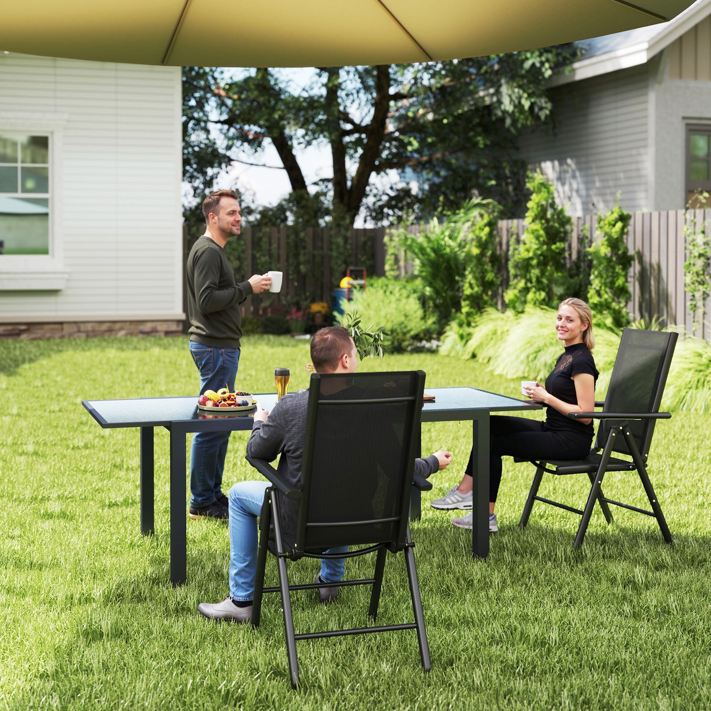 Outsunny Set of 2 Folding Aluminium Camping Chairs, Mesh Back & Seat, with Armrests for Patio, Black