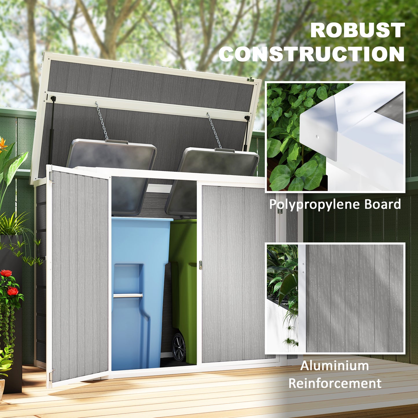 Outsunny 4.7x2.5 FT Garden Shed, Double Bin Storage with Lockable Doors & Openable Lid, Grey