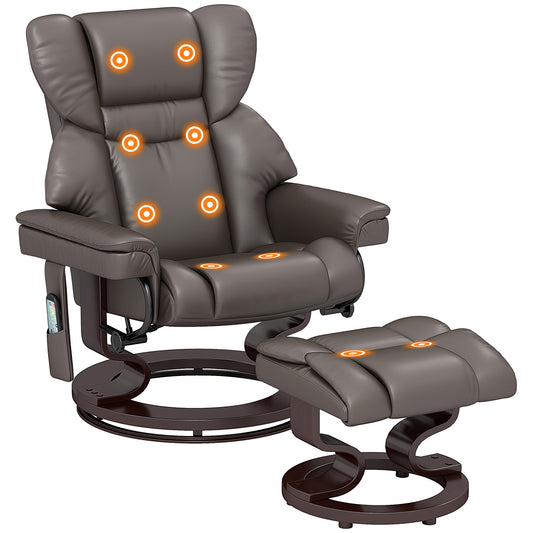 HOMCOM Massage Recliner Chair with Footstool, Upholstered Armchair, Adjustable Backrest, Swivel Steel Frame, Wood Base for Living Room, Brown