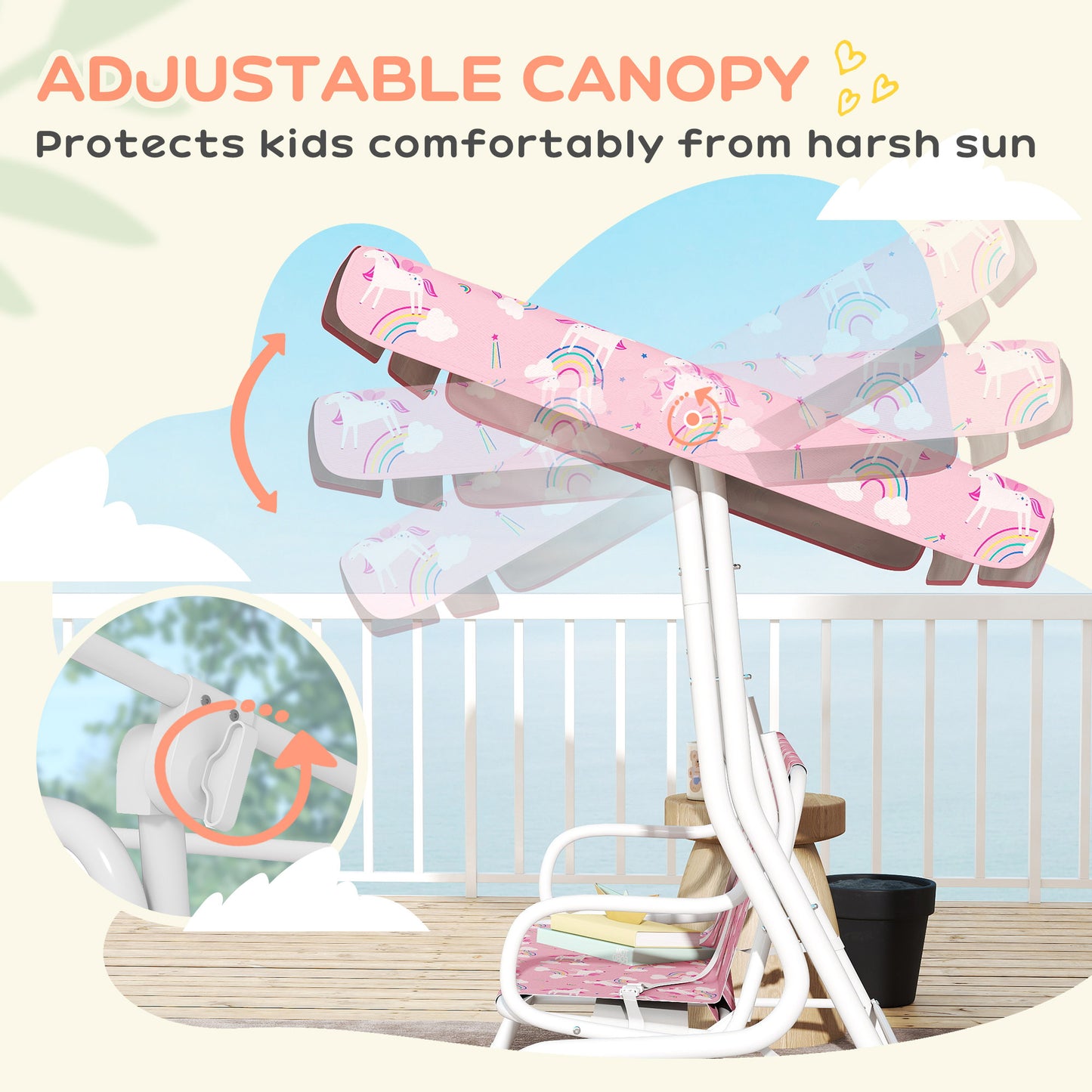 AIYAPLAY Kids Porch Swing, 2-Seater Patio Swing Bench Hammock with Seat Belts, Adjustable Canopy for Garden, Pink