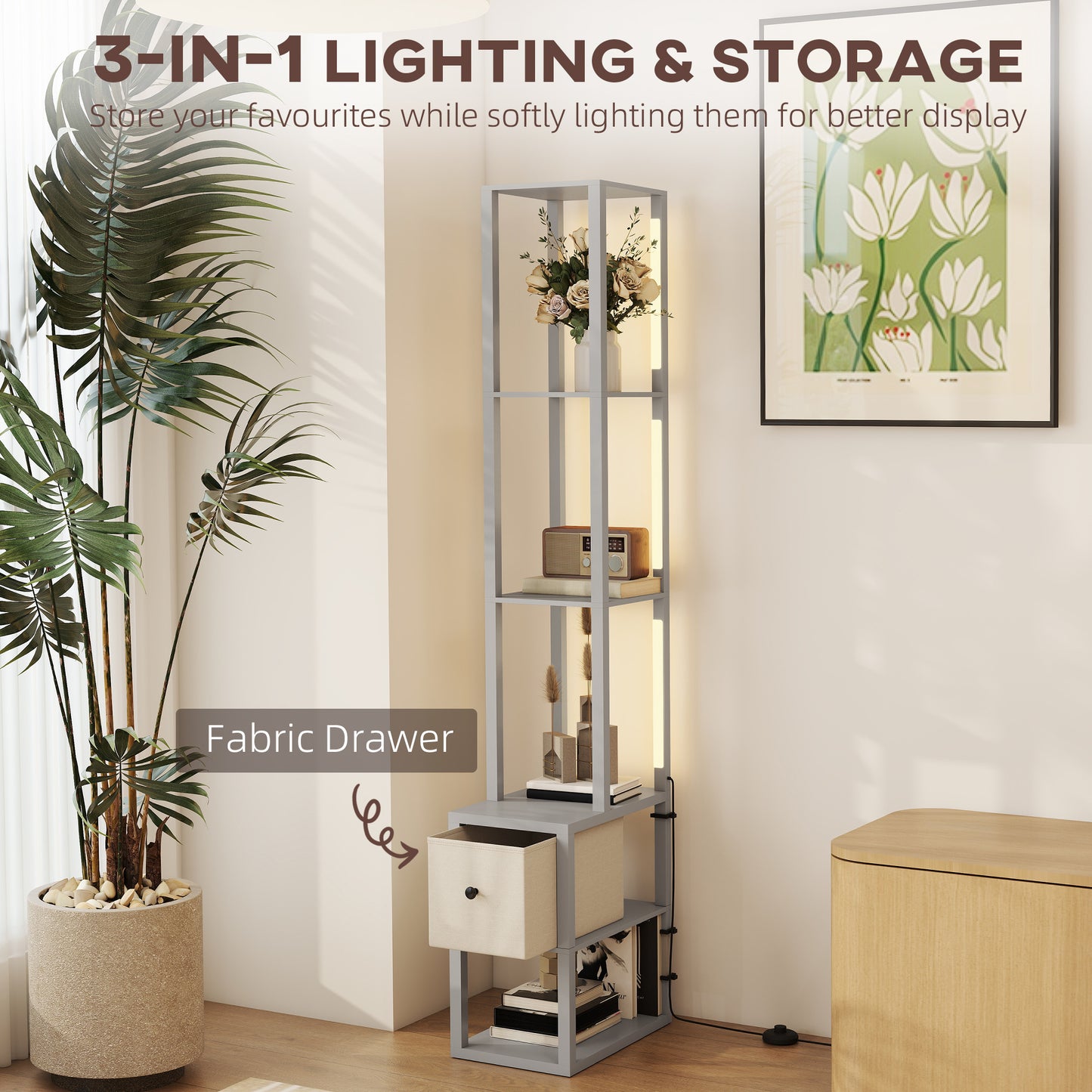 HOMCOM Floor Lamp with Shelves, LED Column Standing Lamp with Fabric Drawer, Adjustable Brightness, Foot Switch, Grey