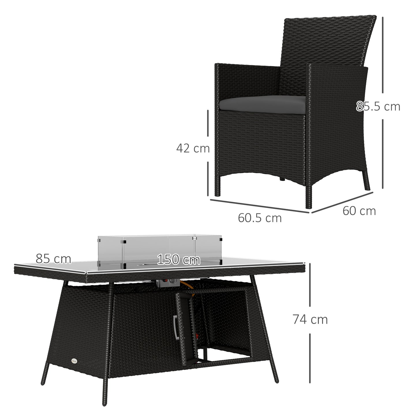 Outsunny 7-Piece Rattan Garden Furniture with Fire Pit Table, 6 Seater Set, Cushions, 50,000 BTU, Black