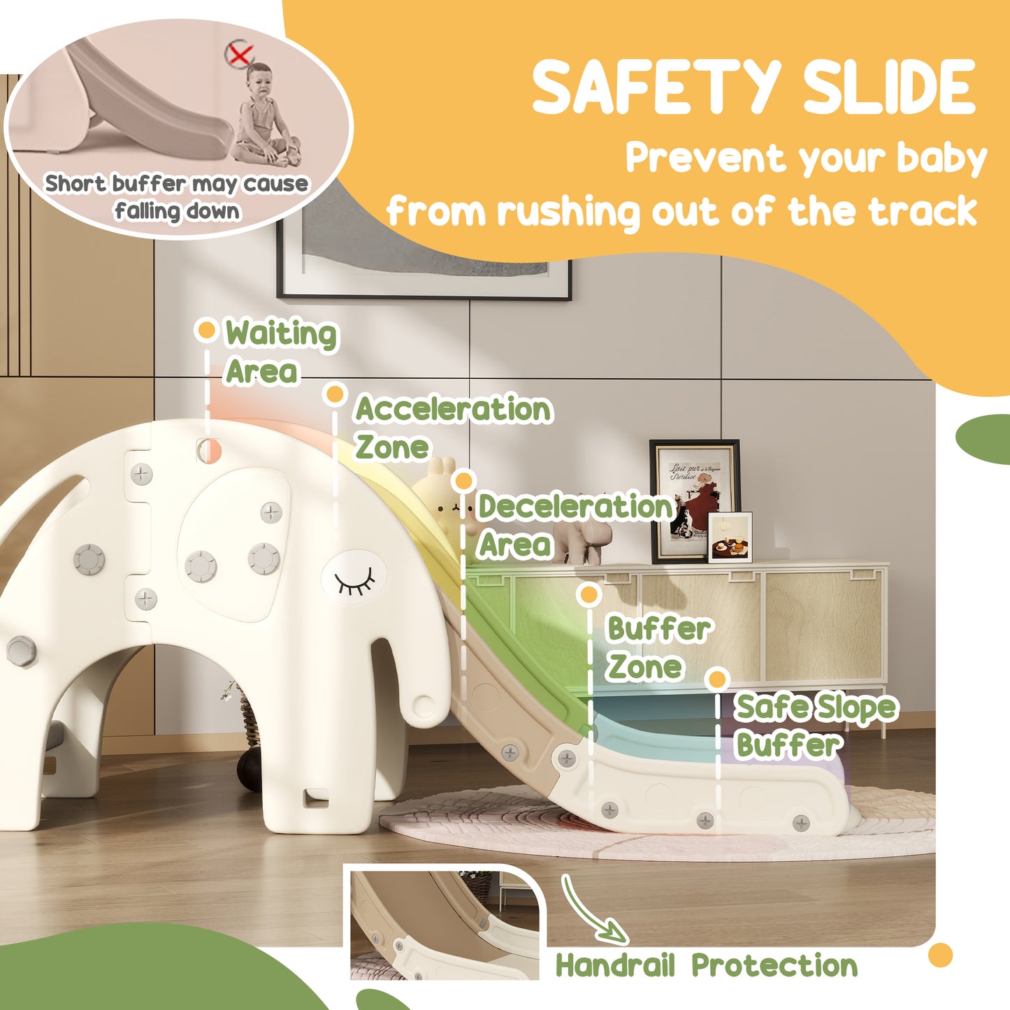 AIYAPLAY 3 in 1 Toddler Slide with Basketball Hoop, Climber, Elephant-Themed, for 1-3 Years - Cream White