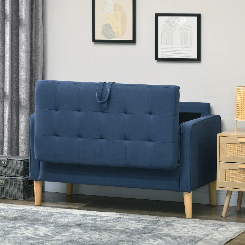 HOMCOM Modern Loveseat Sofa, Compact 2 Seater Sofa with Hidden Storage, 117cm Tufted Cotton Couch with Wood Legs, Blue