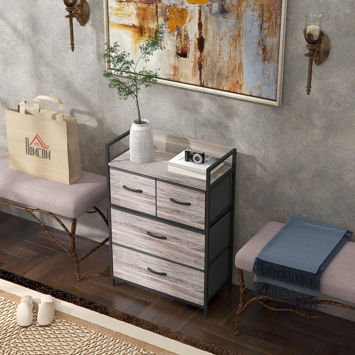 HOMCOM Rustic Chest of Four Fabric Drawers - Grey Wood Effect