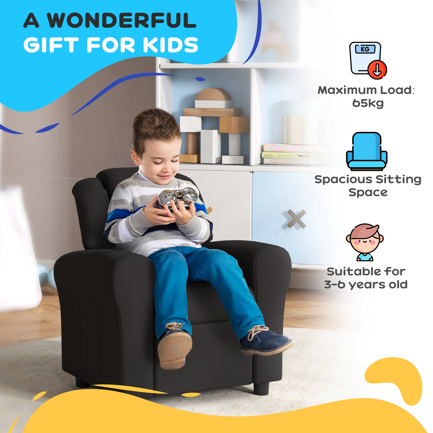HOMCOM Kids Armchair, Kids Recliner Chair, PU Leather Kids Chair with Adjustable Backrest & Footrest, Padded Headrest, Black