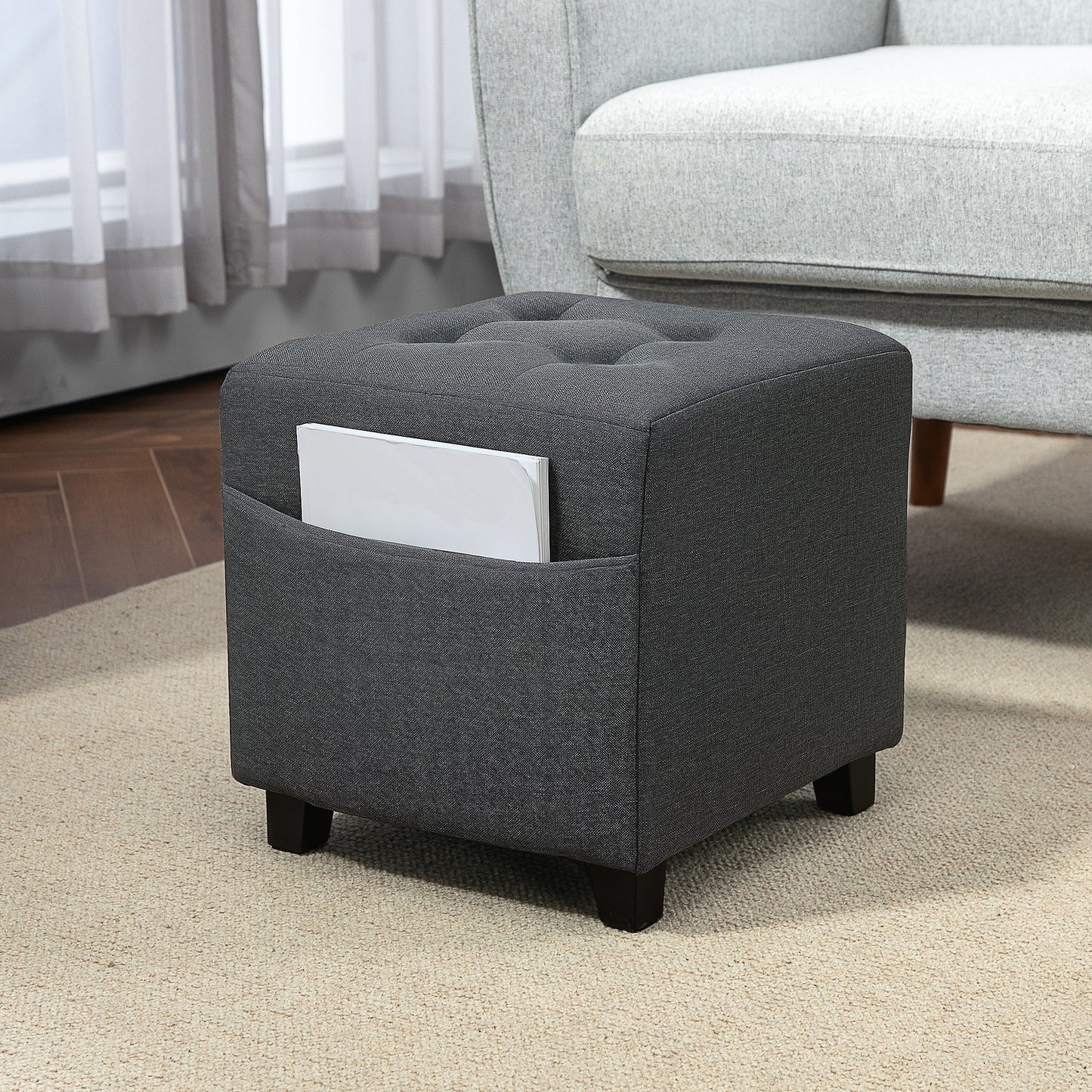HOMCOM Footstool Ottoman, Linen Fabric with Side Pocket, Rubber Wood Legs, 35x35cm, Grey