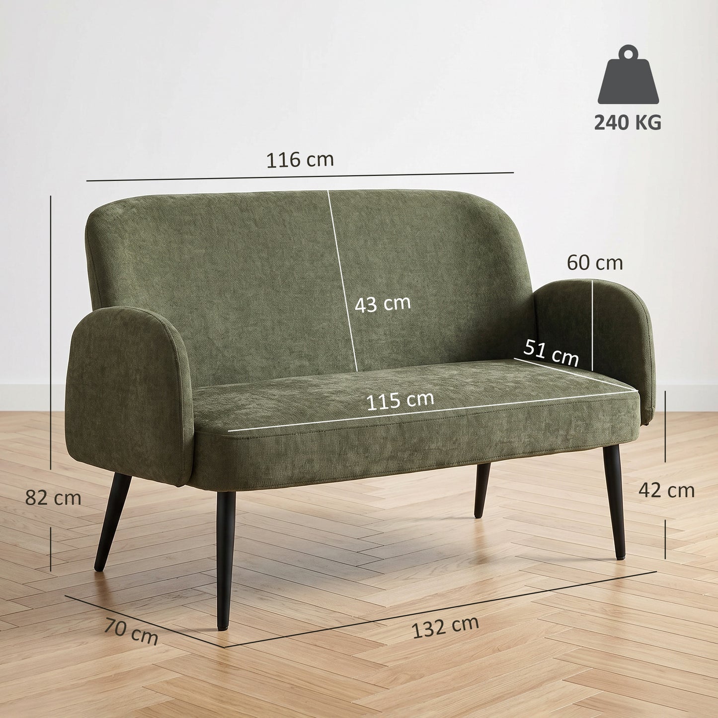 HOMCOM 132cm 2 Seater Sofa, Velvet Comfy Small Sofa Couch with Wide Seat, Thick Padding, Tapered Metal Legs, Green