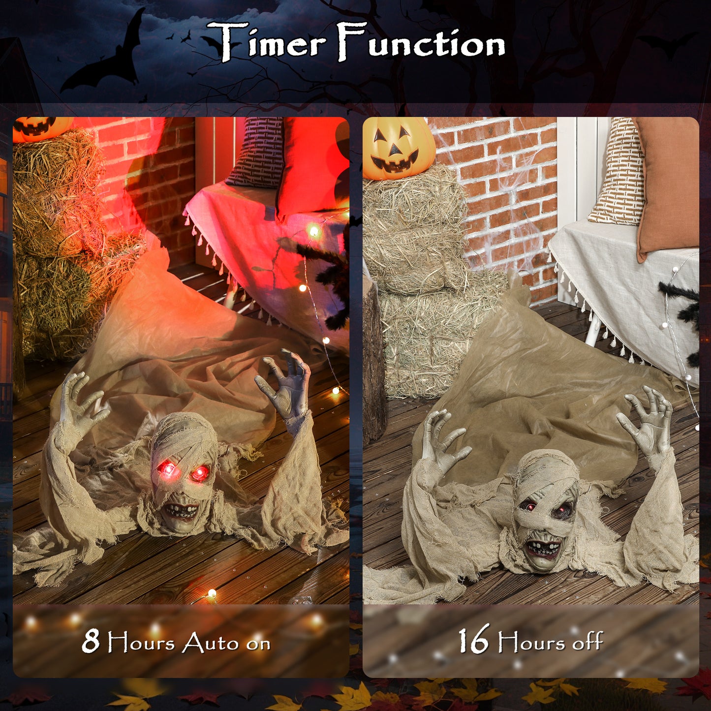 Outsunny Life Size Halloween Animated Crawling Mummy with LED Eyes, Timer, Battery Operated, Indoor/Outdoor Party Props, 183 cm, Black