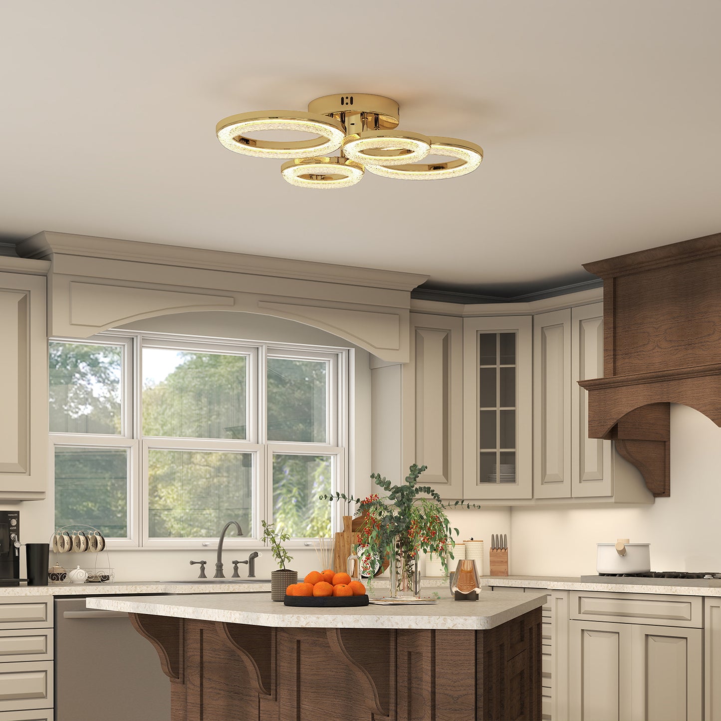 HOMCOM LED Ceiling Light, Modern 4 Rings, 40W 4350lm, Wall Switch Control, 3500K/4500K/6000K for Living Room, Bedroom, Gold Tone