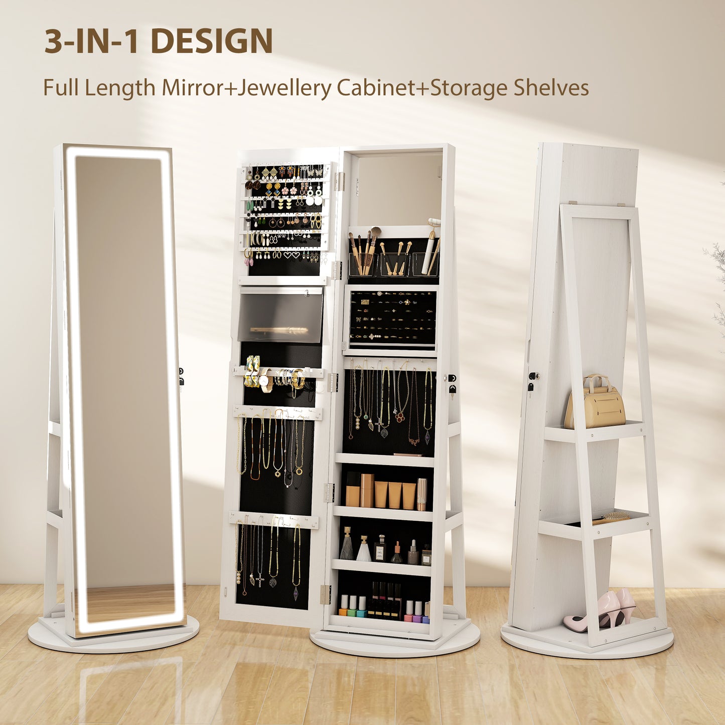 HOMCOM Lockable 360° Swivel Jewellery Cabinet with LED Lights, Full-Length Mirror & Storage for Accessories, Free Standing, White