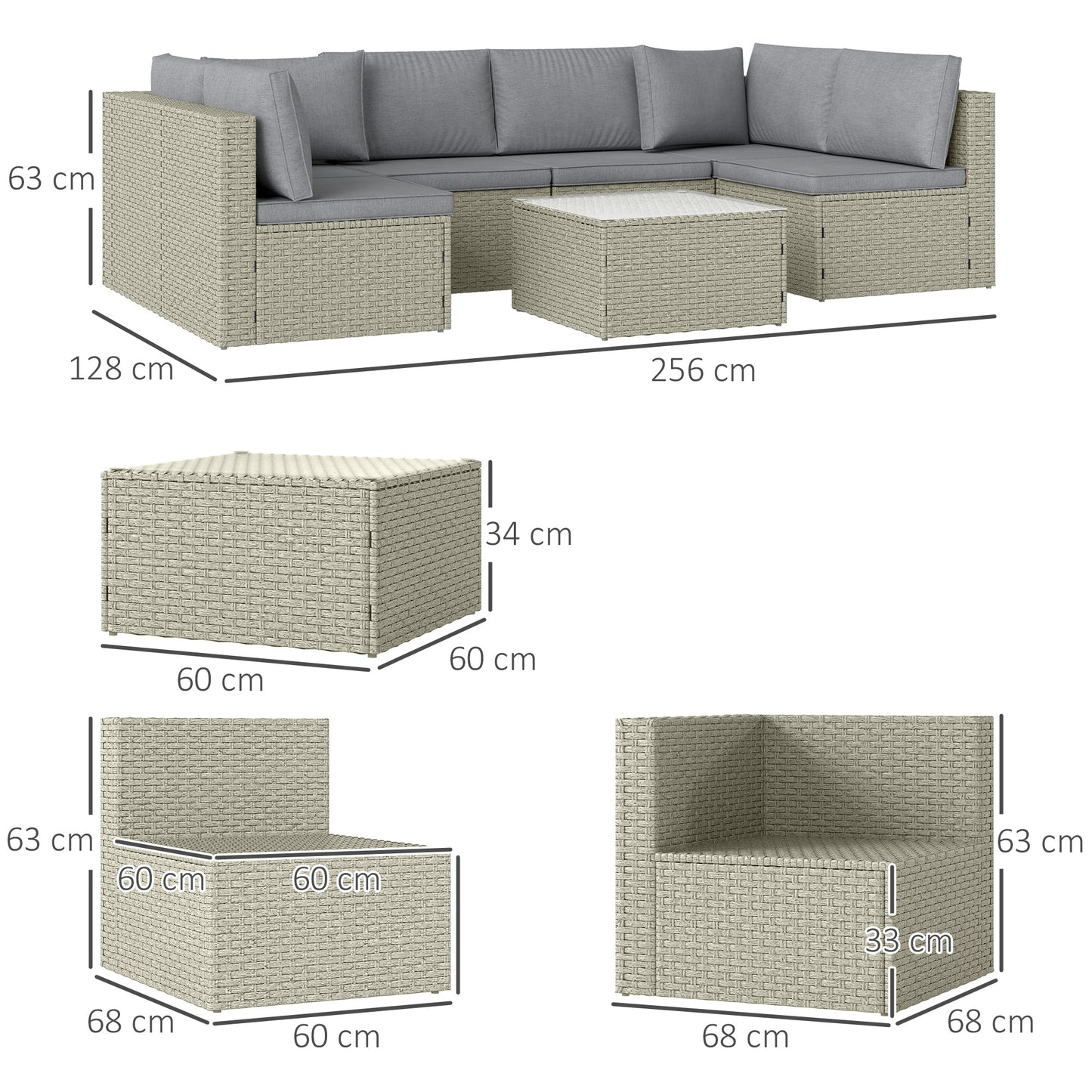 Outsunny 7-Piece Rattan Garden Furniture Set, 6-Seater Corner Sofa, Cushions, Glass Table, Outdoor Sectional for Patio, Light Brown