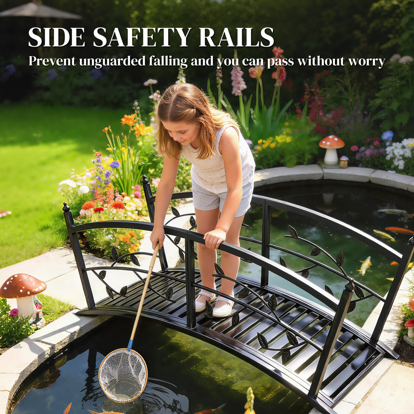 Outsunny 1.2M Metal Garden Bridge with Safety Railings, Outdoor Pond Bridge, Arch Decorative Footbridge for Creek Stream