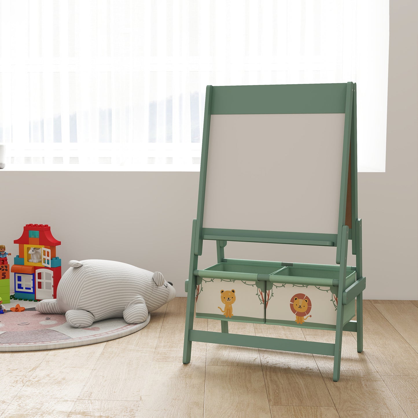 AIYAPLAY Art Easel for Kids, Double-Sided Whiteboard/Blackboard with Paper Roll, Two Storage Boxes, for Ages 3-8 Years, Green