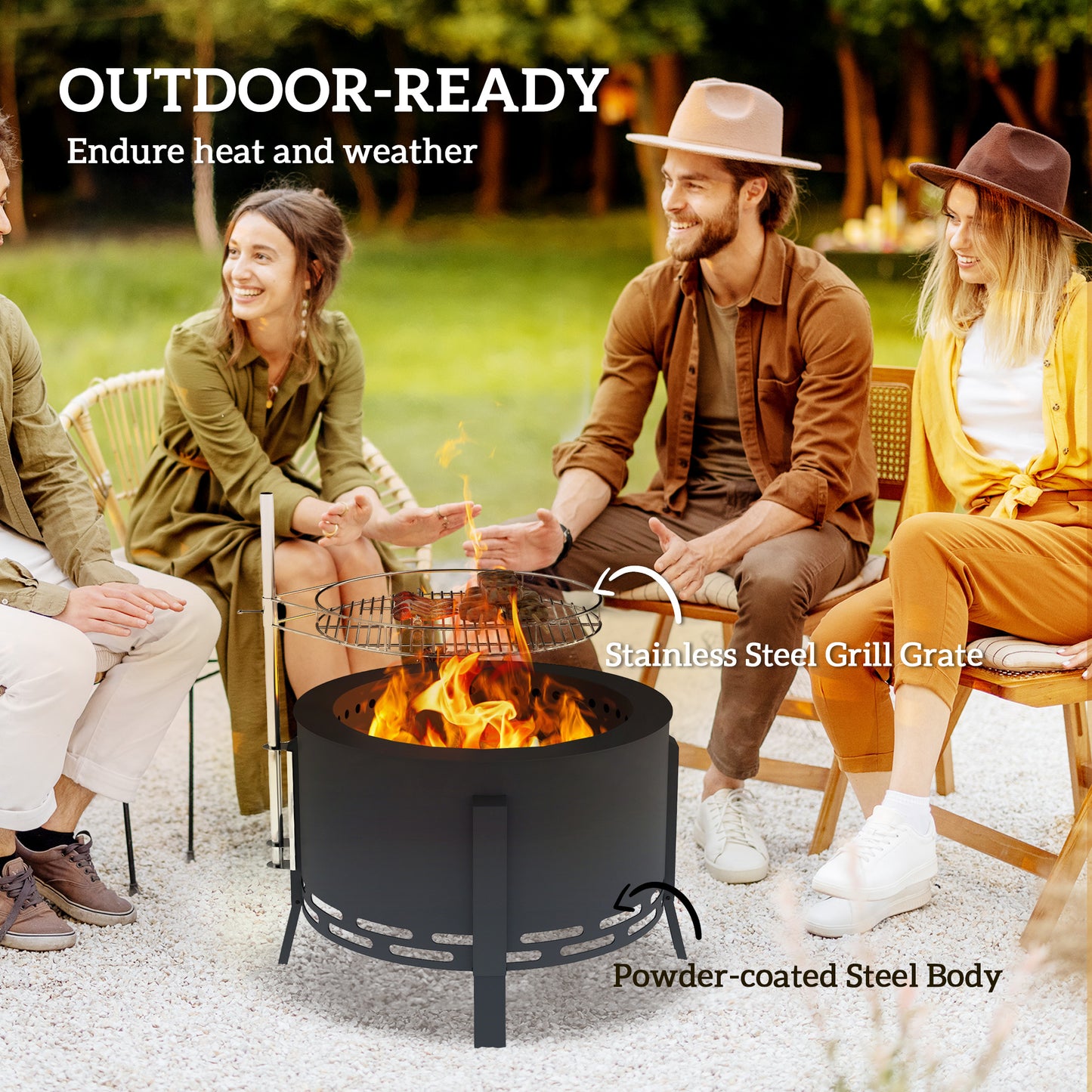 Outsunny Portable Fire Pit, 58 cm Round with Grill Grate, Ash Catcher, and Poker, Ideal for Garden Camping Bonfire Picnic, Black