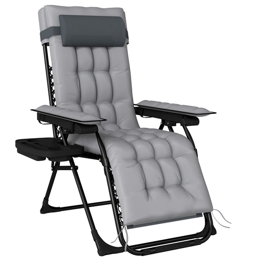 Outsunny Zero Gravity Chair, Folding Sun Lounger Reclining Garden Chair with Arm Pads, Cushion, Cup Holder, Headrest, Light Grey