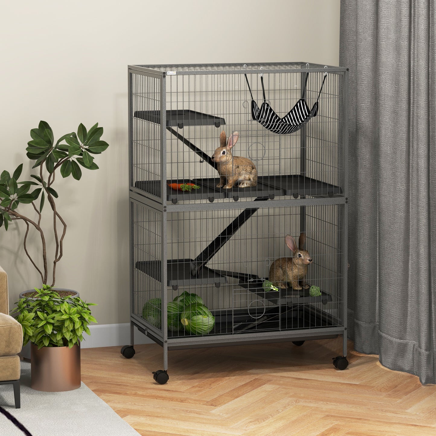 PawHut Small Animal Cage for Chinchilla Ferret Kitten on Wheels with Hammock Removable Tray Silver Grey