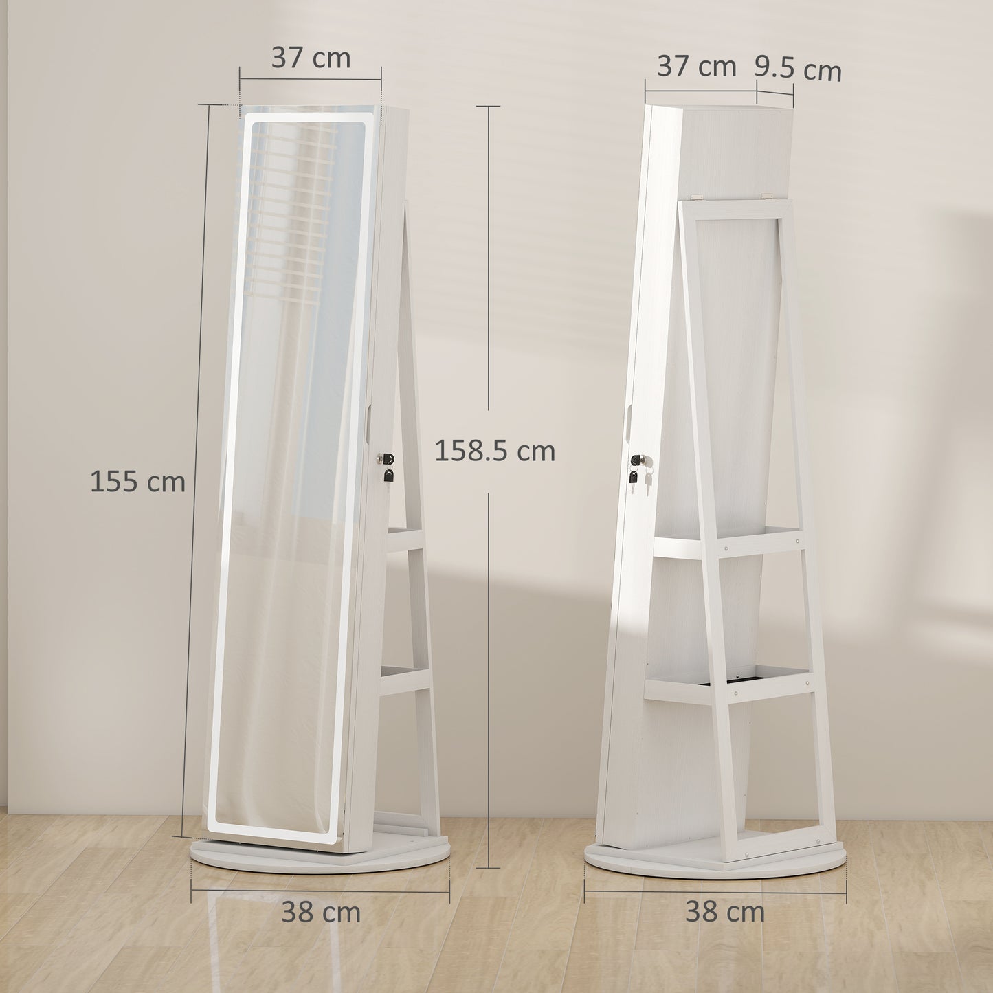 HOMCOM Lockable 360° Swivel Jewellery Cabinet with LED Lights, Full-Length Mirror & Storage for Accessories, Free Standing, White