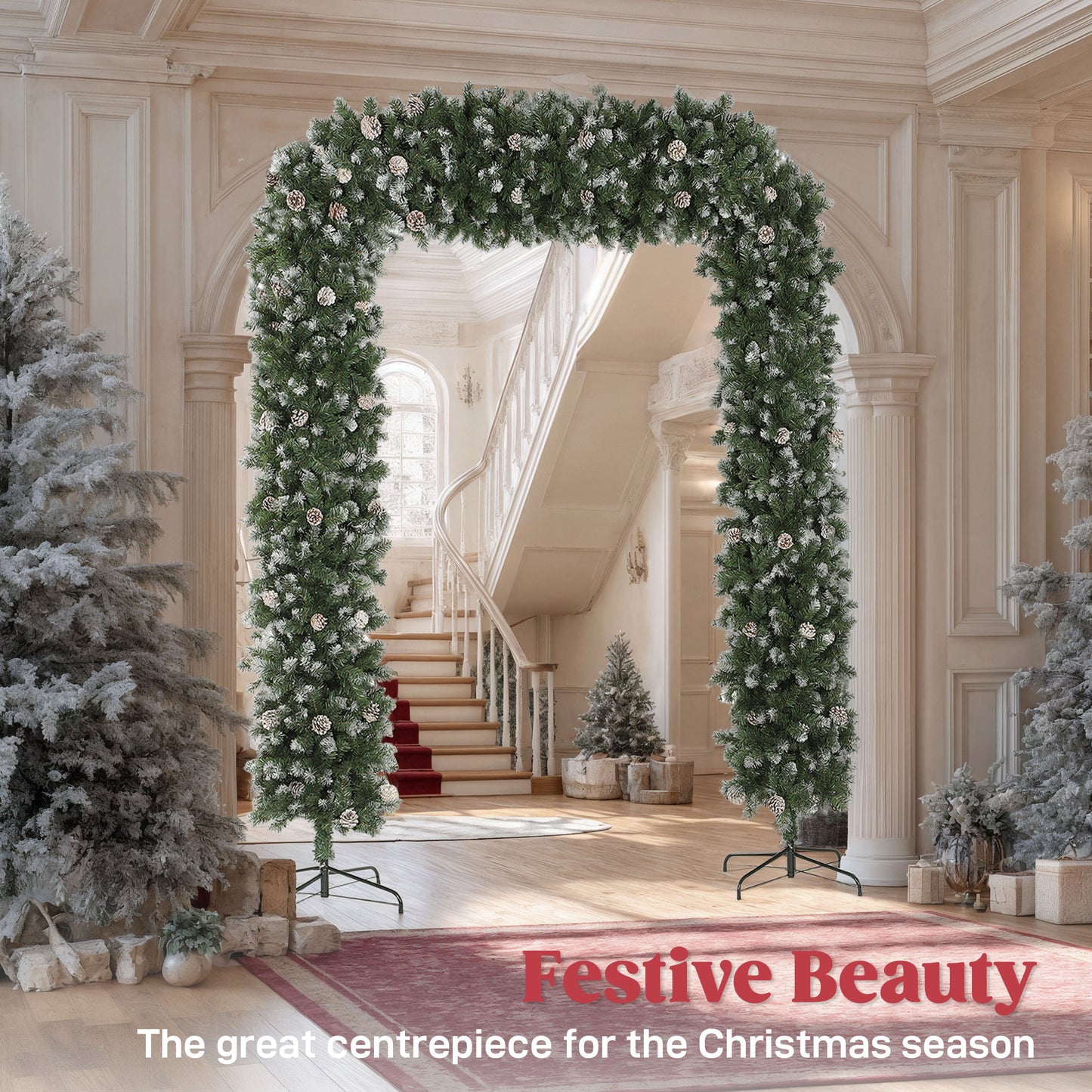 HOMCOM Snow Frosted Christmas Tree Arch, 8.2 ft, 1800 Tips, 91 Pinecones, Artificial Xmas Tree with Metal Stand for Indoor, Green
